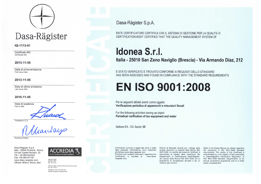 Certificato EN ISO 9001 2008